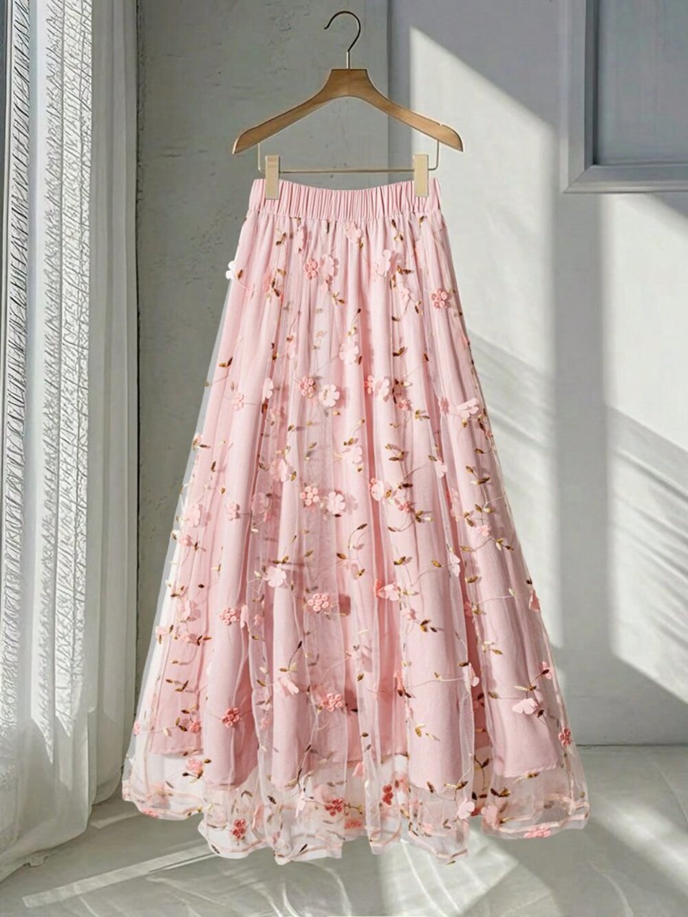 Pink Boho Women's Elegant Embroidered Mesh Floral Applique A-Line Skirt